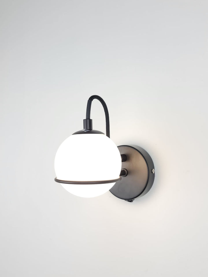 Melville matt black wall light white glass shade