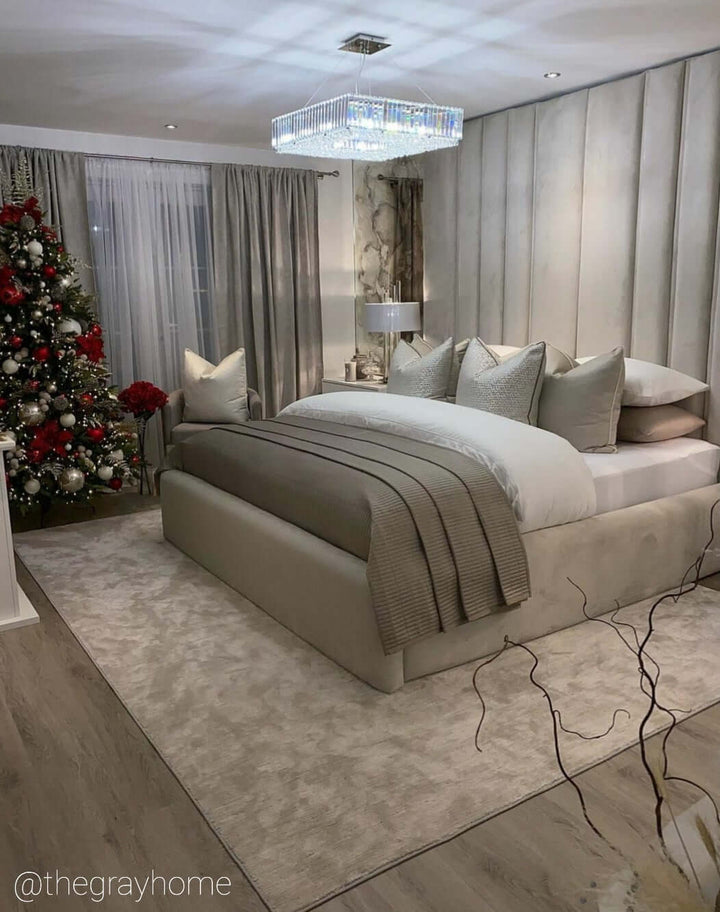 Side angle of Salzburg large square chandelier in a modern bedroom with chrome and crystal detailing.