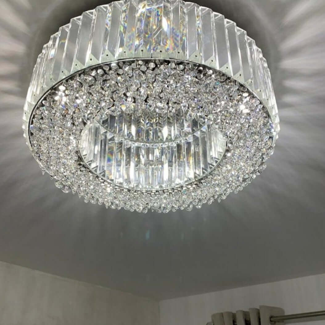 Crystal chandelier hanging from a ceiling