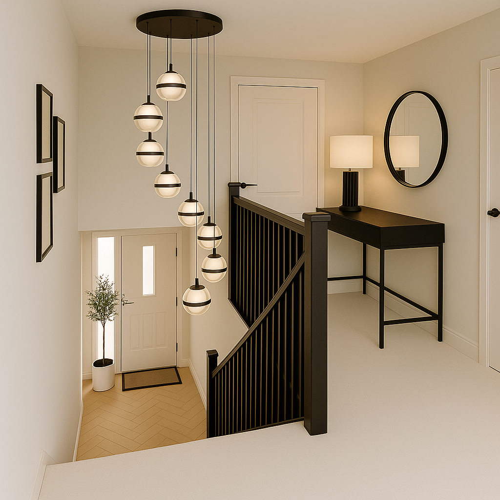 Forbes black 8 light chandelier in stairwell