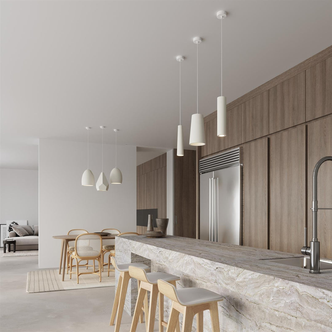 White ceramic ceiling pendant light over kitchen island