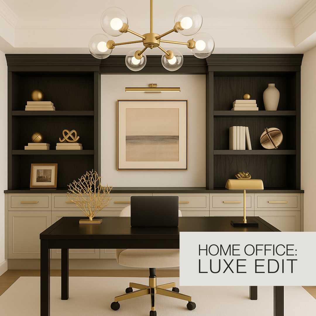 Luxury home office design with black and gold chandelier, black desk, cream cabinetry, and styled shelves, part of The Lighting Vault Home Office Luxe Edit collection.