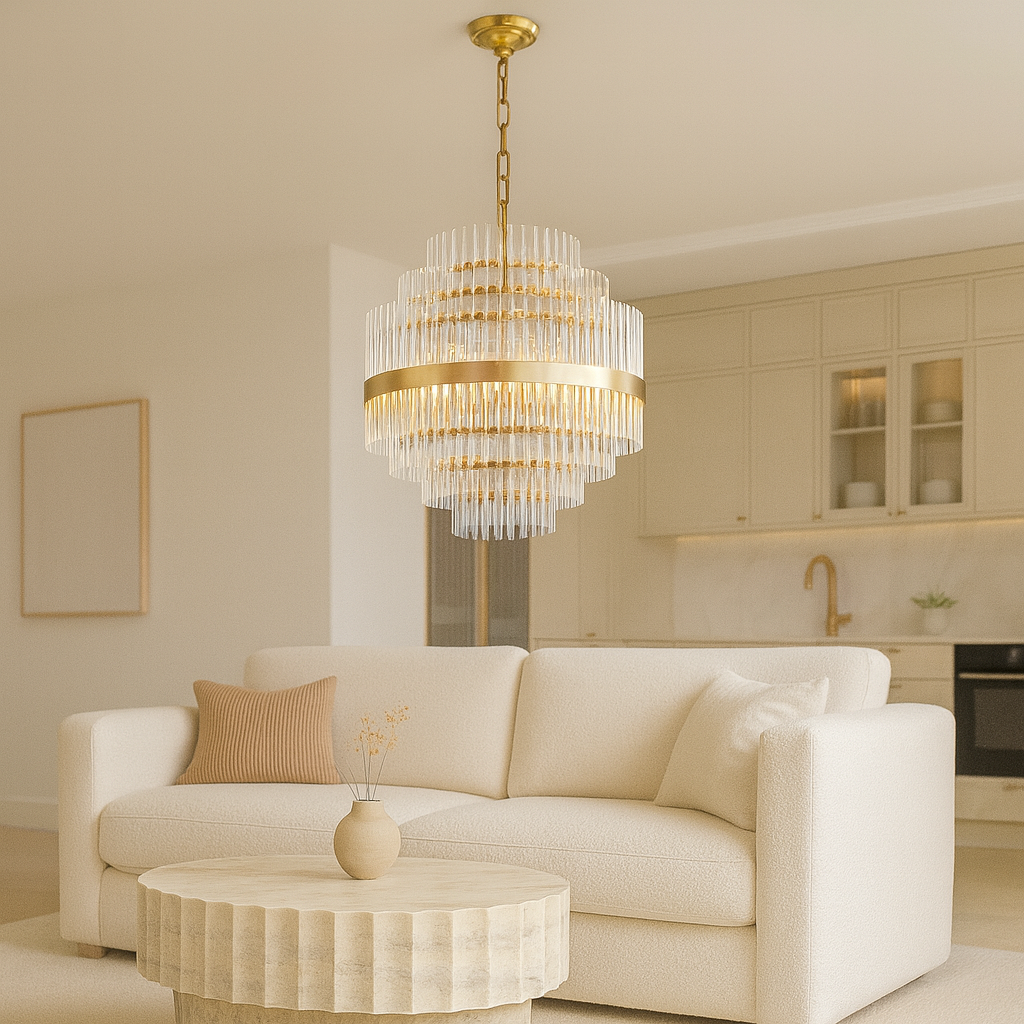 Luxury gold ceiling lights collection – modern chandeliers and flush mounts in warm elegant interiors by The Lighting Vault UK