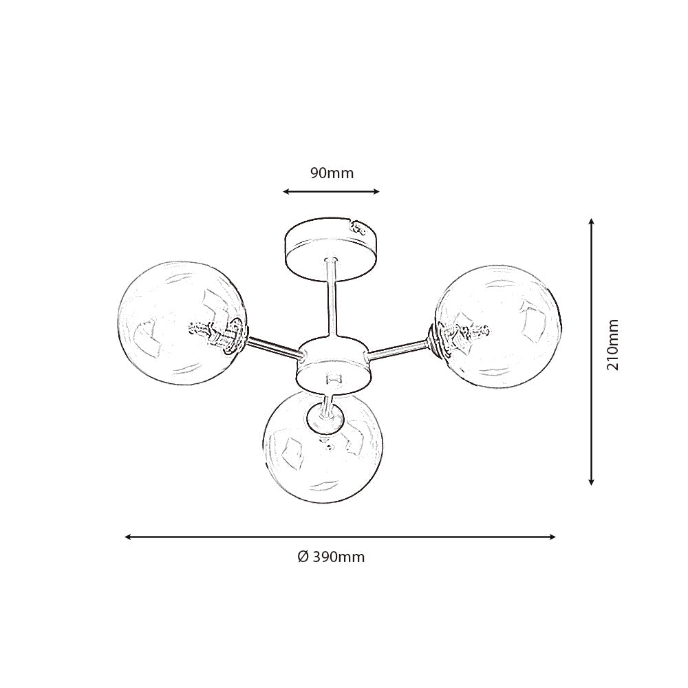 Fenland 3 Light Semi Flush – Black & Glass