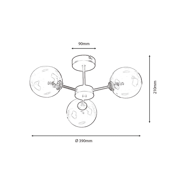 Fenland 3 Light Semi Flush – Black & Glass
