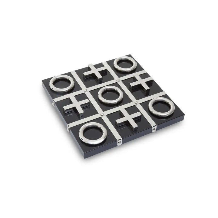 Tic-tac-toe board with black and silver pieces on a white background