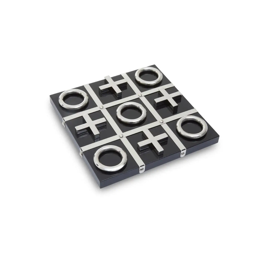 Tic-tac-toe board with black and silver pieces on a white background