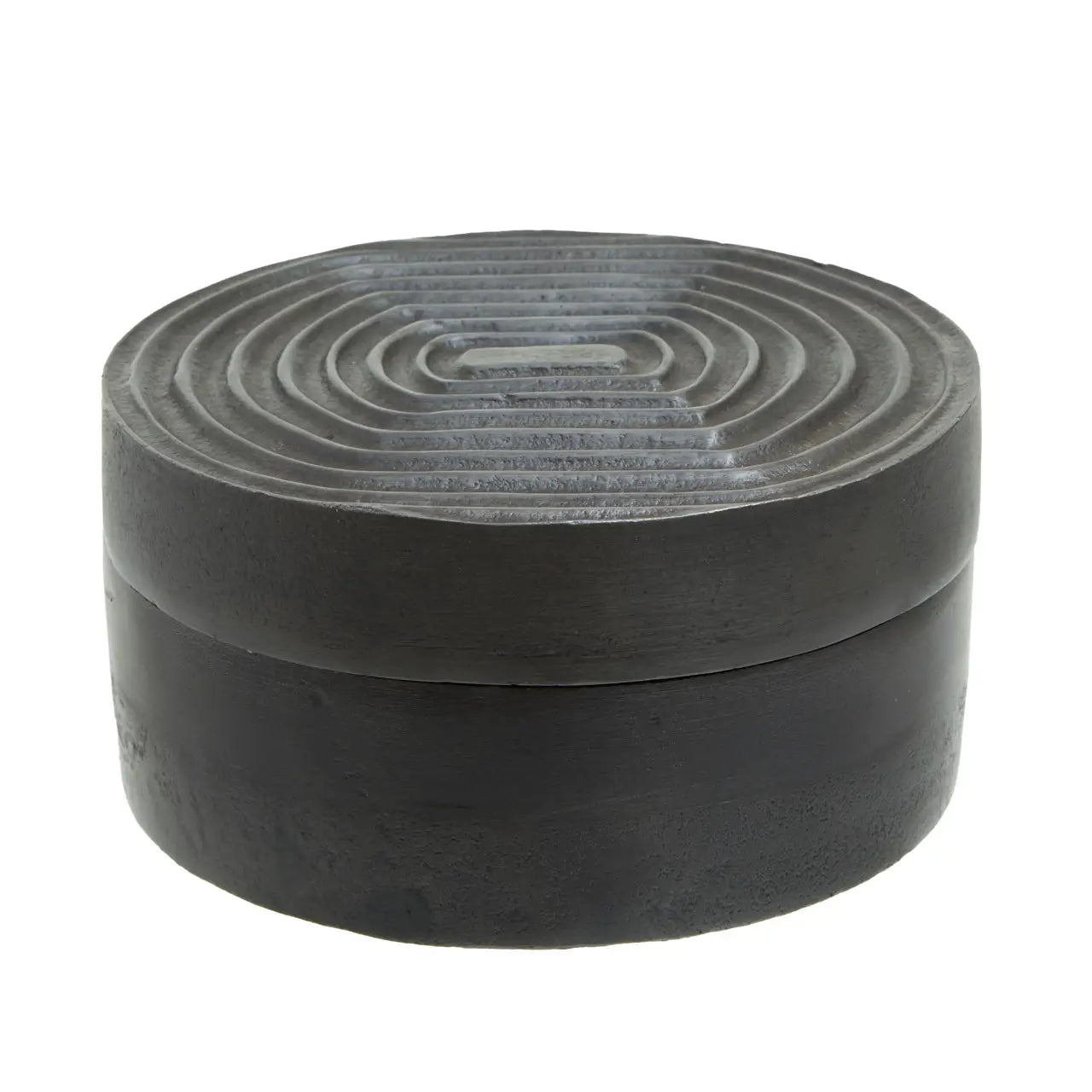 Round black stone box with concentric circular pattern on lid