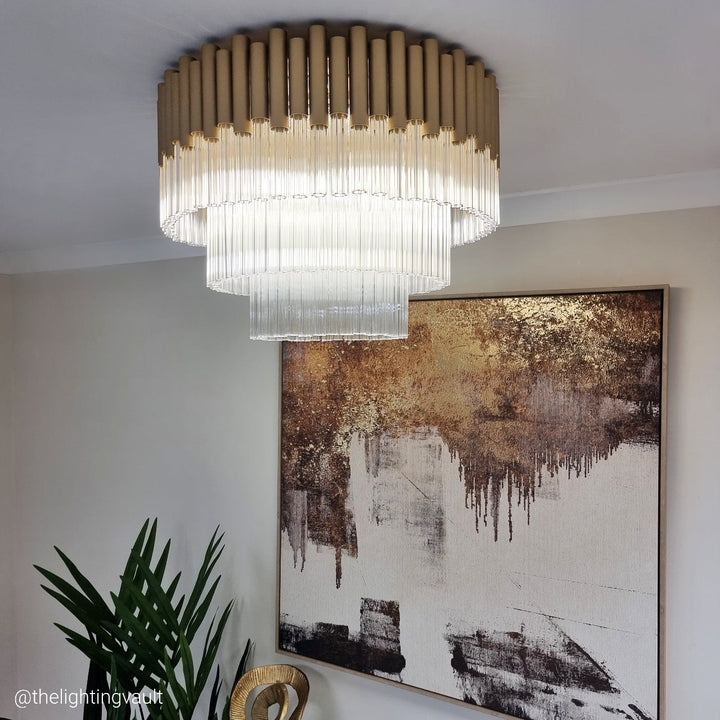 Murcia Large Matt Gold Flush Chandelier With Glass Rods