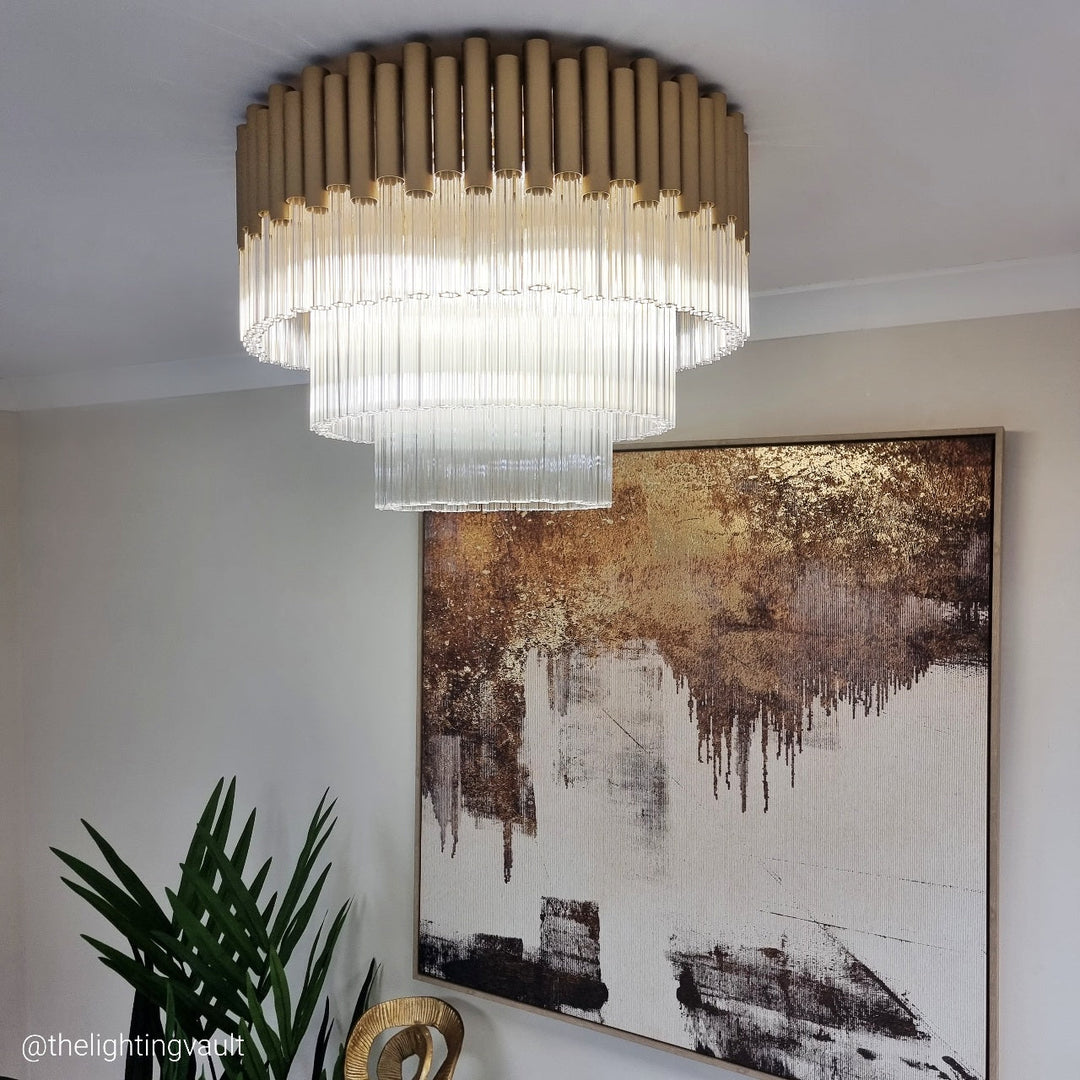 Murcia Large Matt Gold Flush Chandelier With Glass Rods