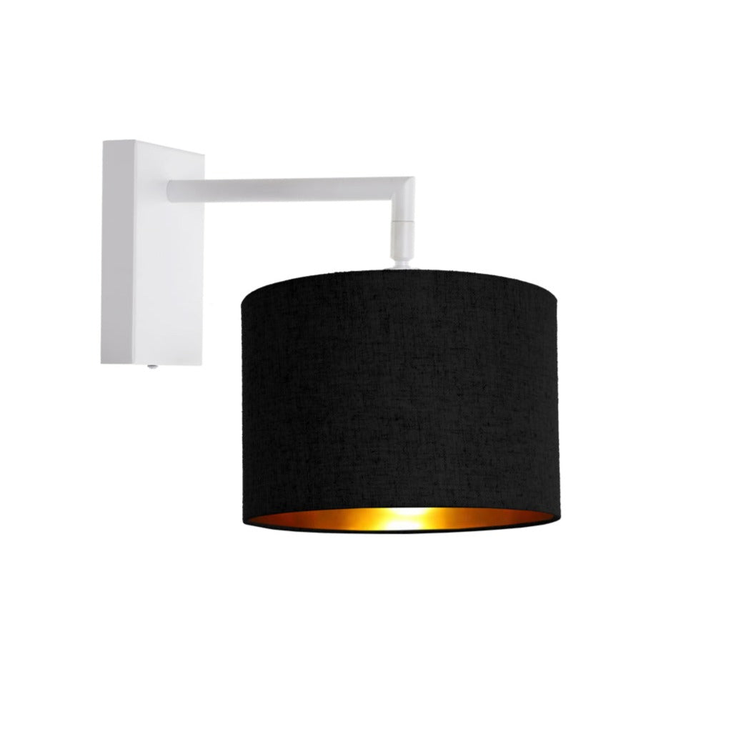 White wall light with black and gold drum shade