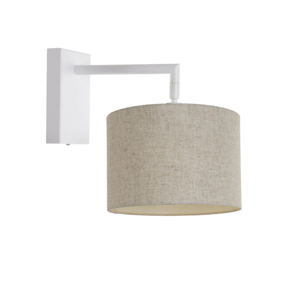 White wall light with natural fabric drum shade