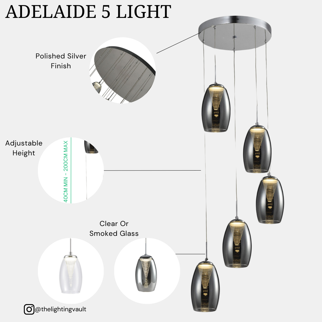 Adelaide 5 Light Spiral Pendant – Clear or Smoked Glass