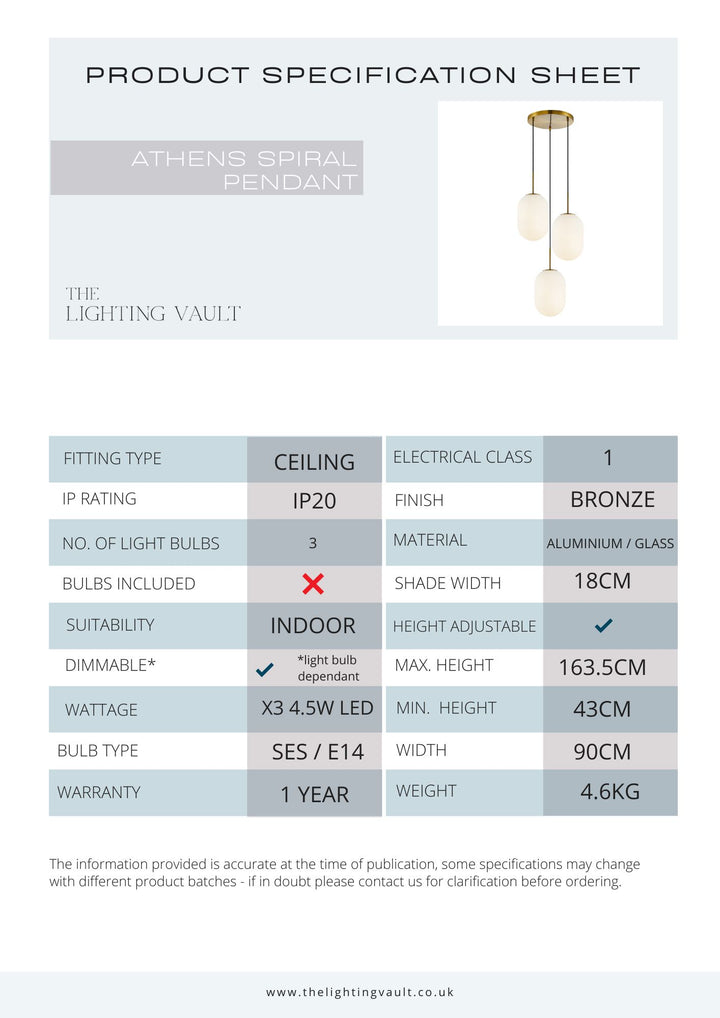 Athens 3-Light Bronze Spiral Pendant