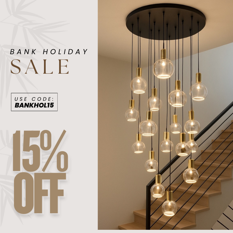 Luxury lighting Bank Holiday Sale banner 15% discount The Lighting Vault with promo code BANKHOL15