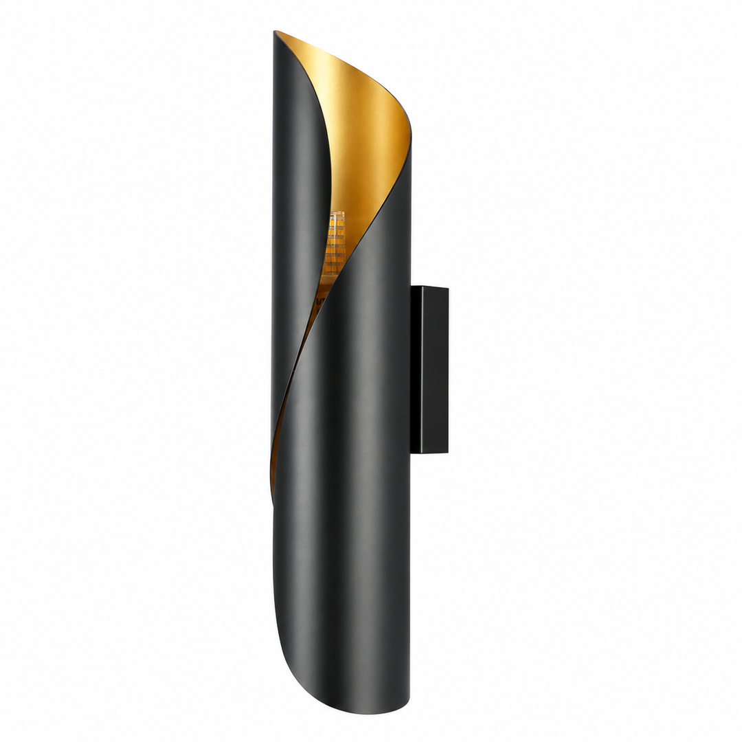 Cordoba wall light with a sculptural curved black metal shade and gold interior on a white background.