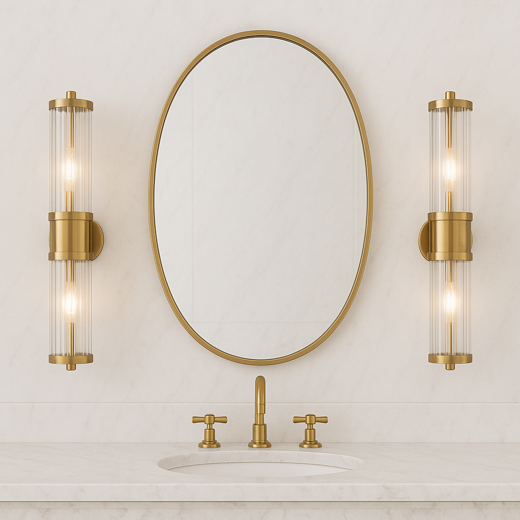 Front view of bathroom with Eleanor Double Bronze wall lights beside mirror