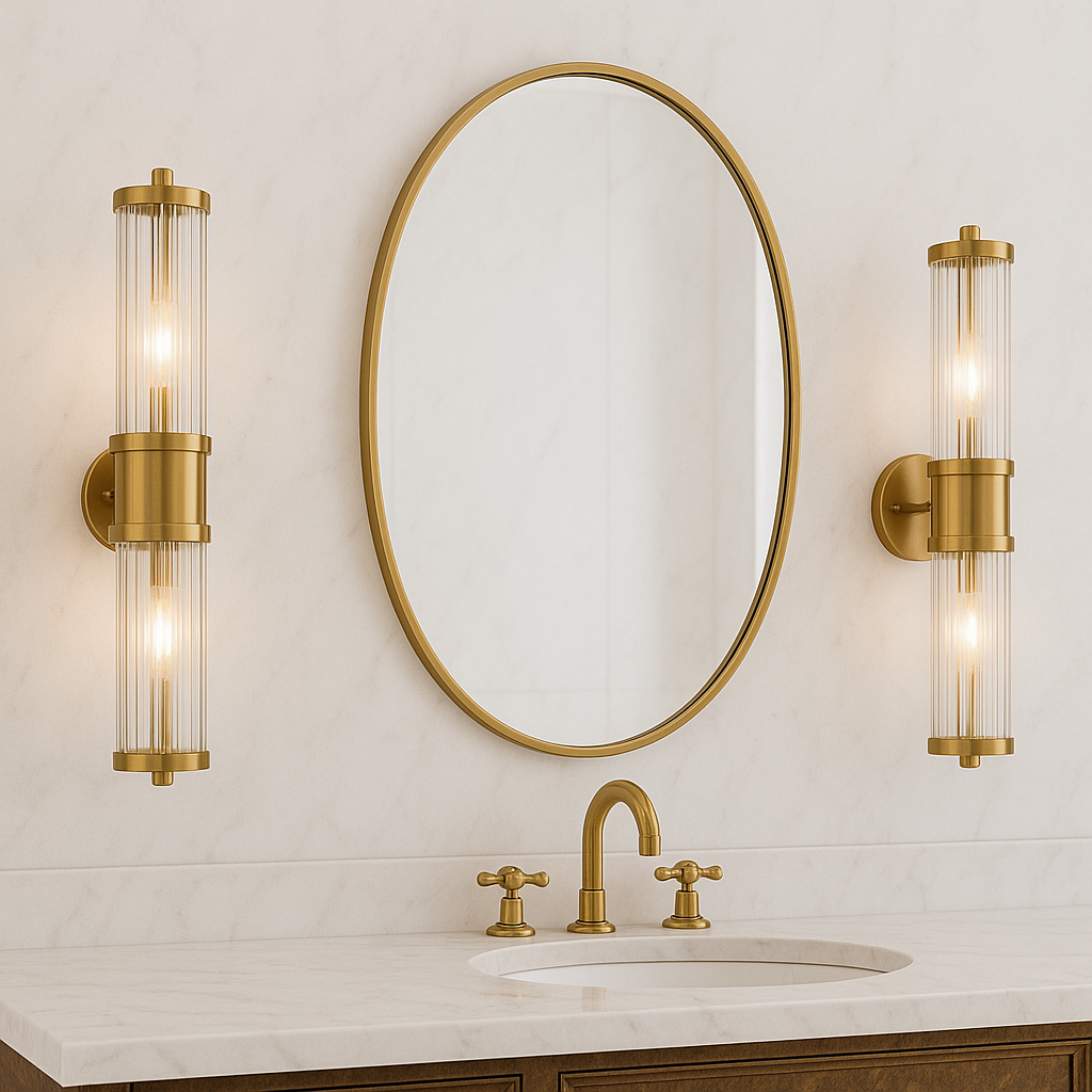 Luxury bathroom with two Eleanor Double Bronze wall lights beside mirror