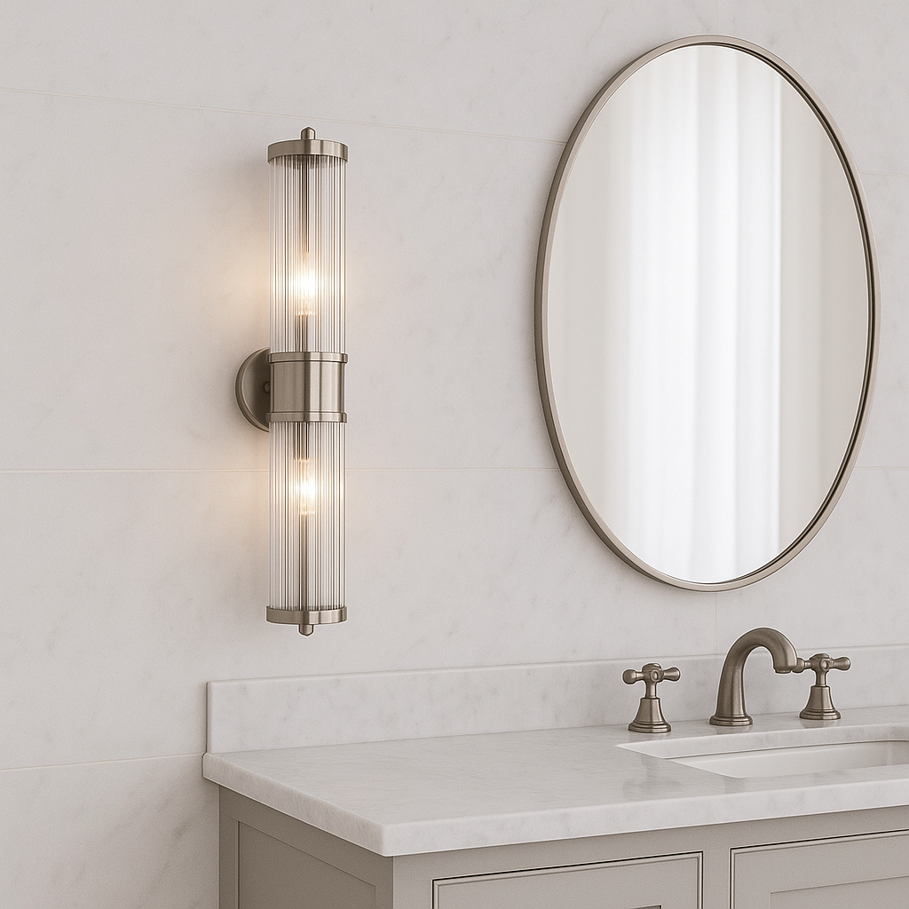 Eleanor Double Nickel wall light beside mirror in luxury marble bathroom