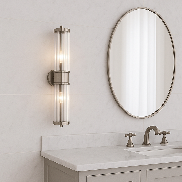 Eleanor Double Nickel wall light beside mirror in luxury marble bathroom