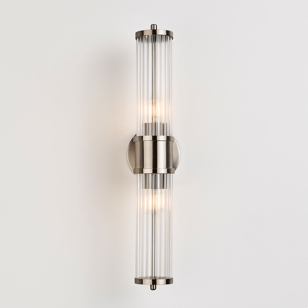 Eleanor Double Satin Silver wall light on white background with soft luxury shading