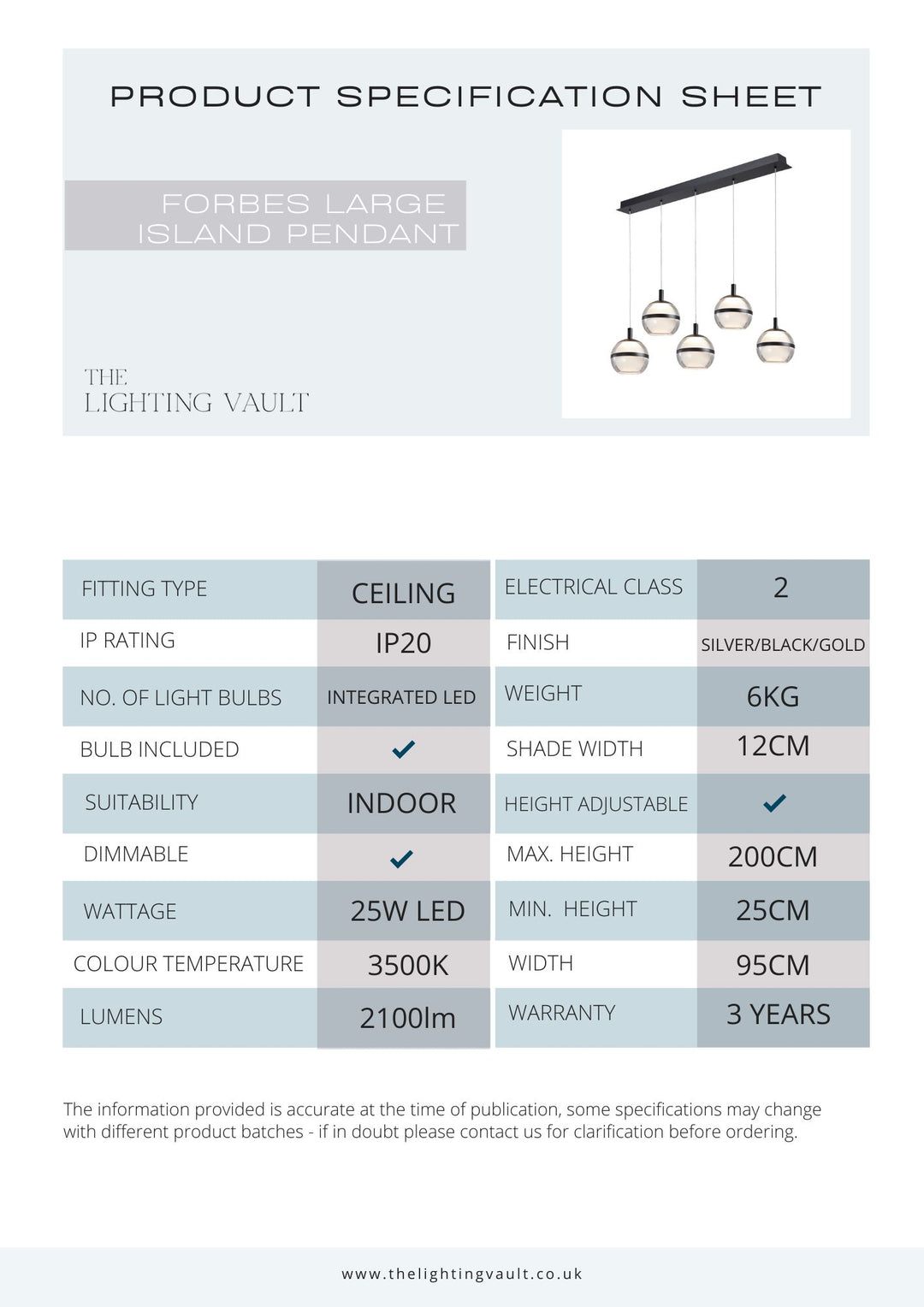 Forbes Large Kitchen Island Pendant Bar - 3 COLOURS