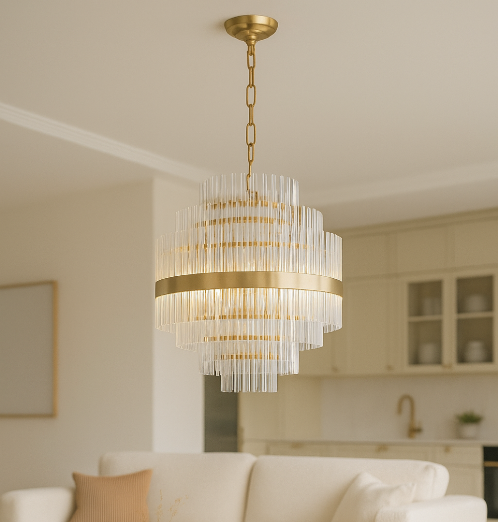 Euston Large Gold & Glass Rod Chandelier