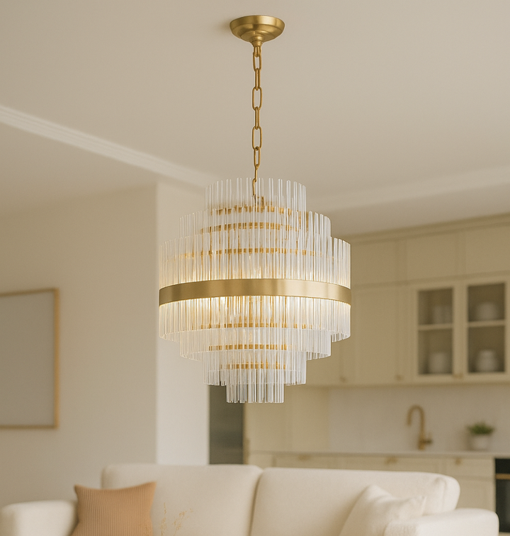 Euston Large Gold & Glass Rod Chandelier