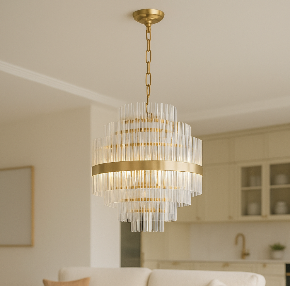 Euston Large Gold & Glass Rod Chandelier