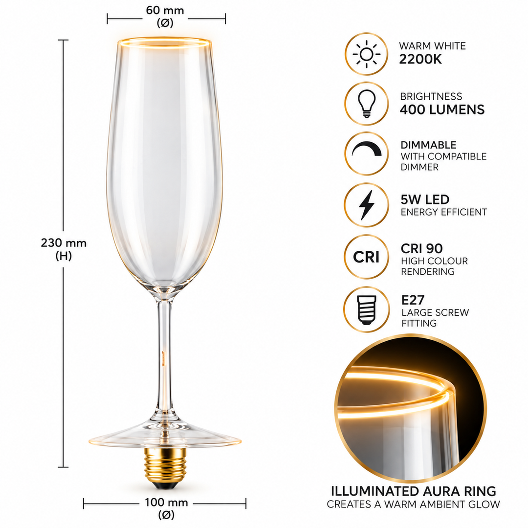 Roma champagne flute Aura Ring LED bulb infographic showing 2200K warm white glow, 400 lumens, dimmable function, CRI 90 and E27 fitting