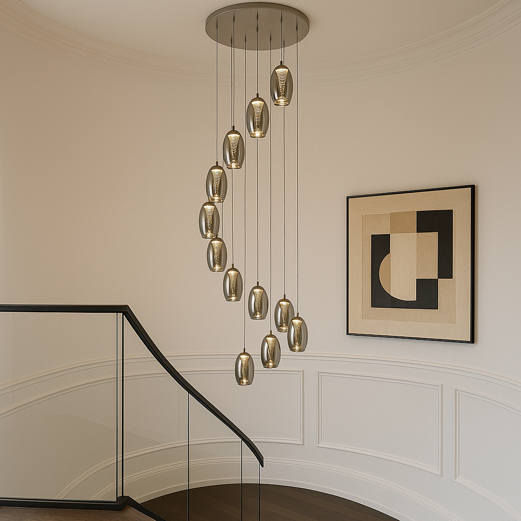 Adelaide 12 light luxury staircase pendant with smoked glass shades in a modern hallway with white walls, black trim and glass balustrade