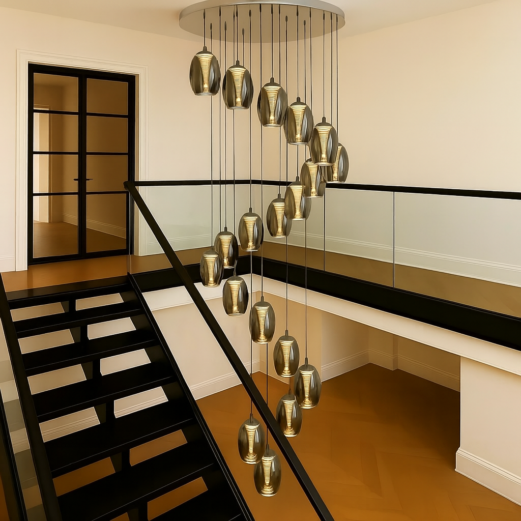 Adelaide 20 light smoked glass stairwell chandelier in modern hallway