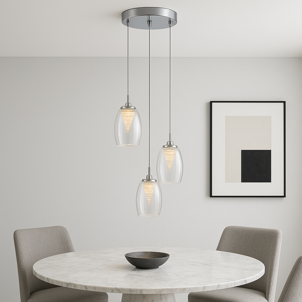 Adelaide 3 light spiral pendant with clear glass shades in a modern dining room above a round marble table
