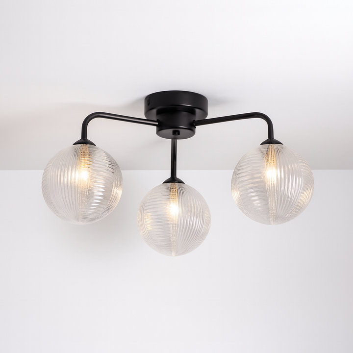 Albany 3 light black ceiling light ribbed glass