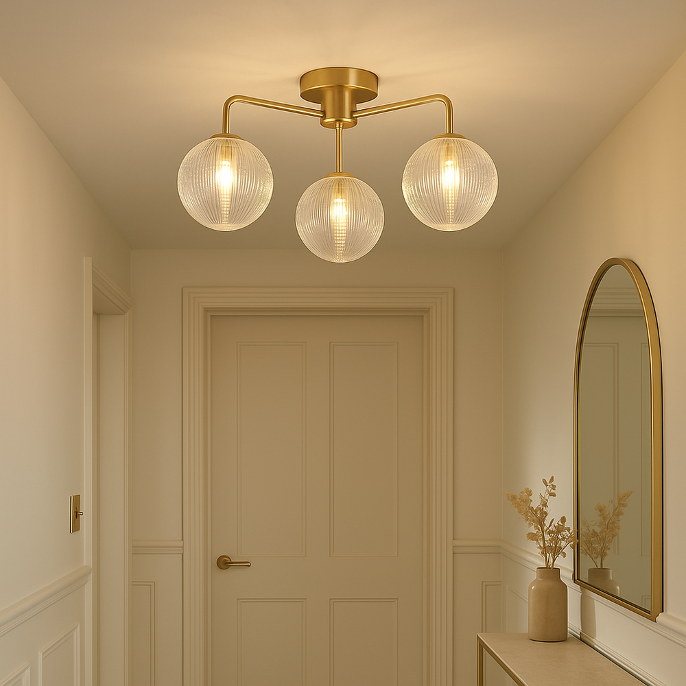 Albany 3 Light Gold ceiling fixture with ribbed glass globes in a cream hallway with gold accents.