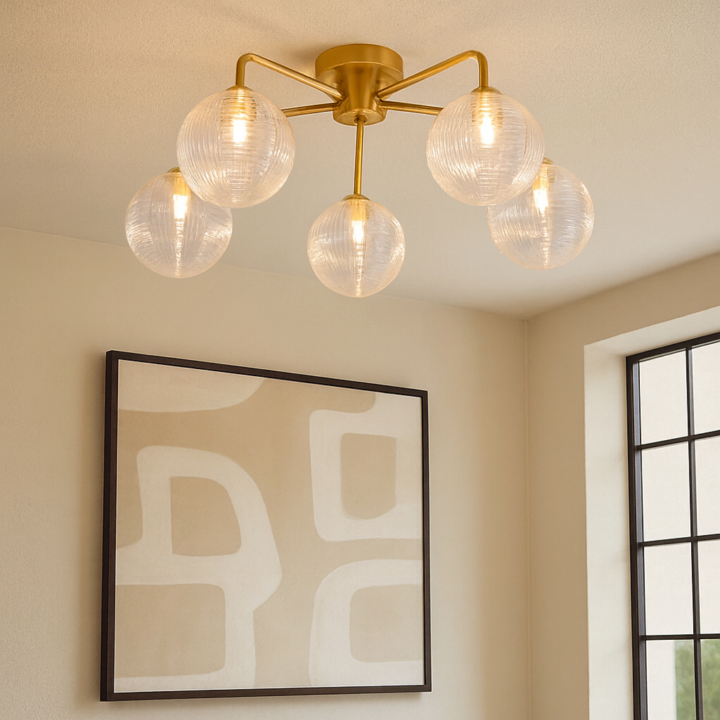 Albany 5 light brushed gold ceiling light with clear ribbed glass
