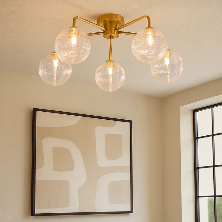 Albany 5 light brushed gold ceiling light with clear ribbed glass