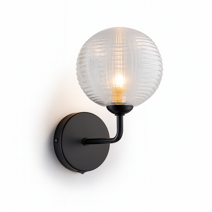 Albany black wall light with ribbed glass globe