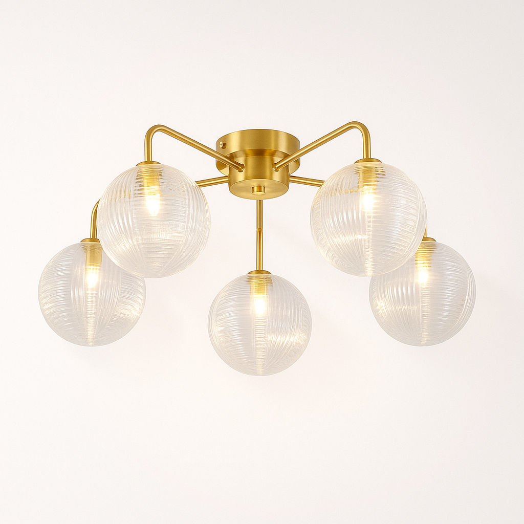 Albany gold 5 light ceiling light with ribbed glass globes