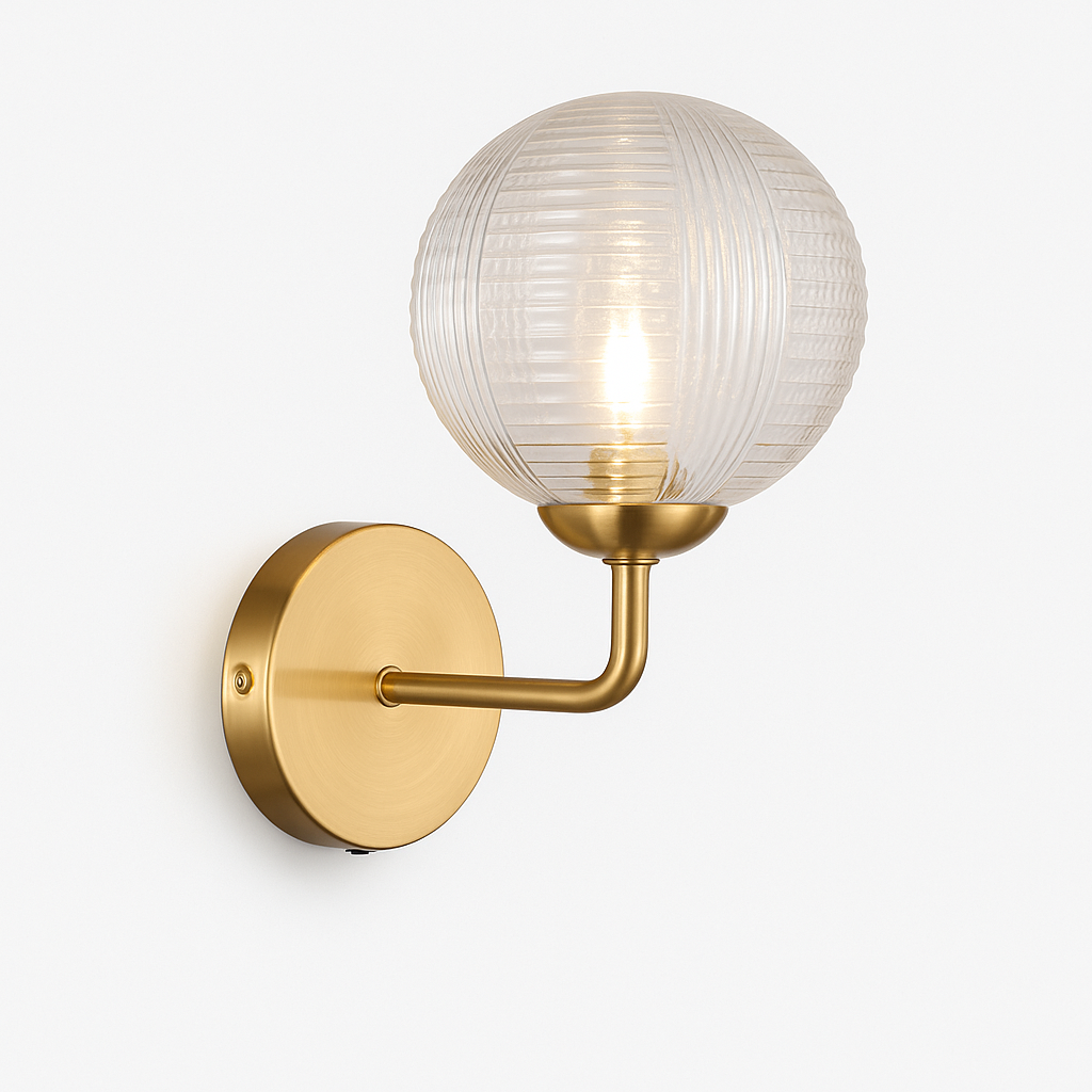 Brass wall light with ribbed glass globe