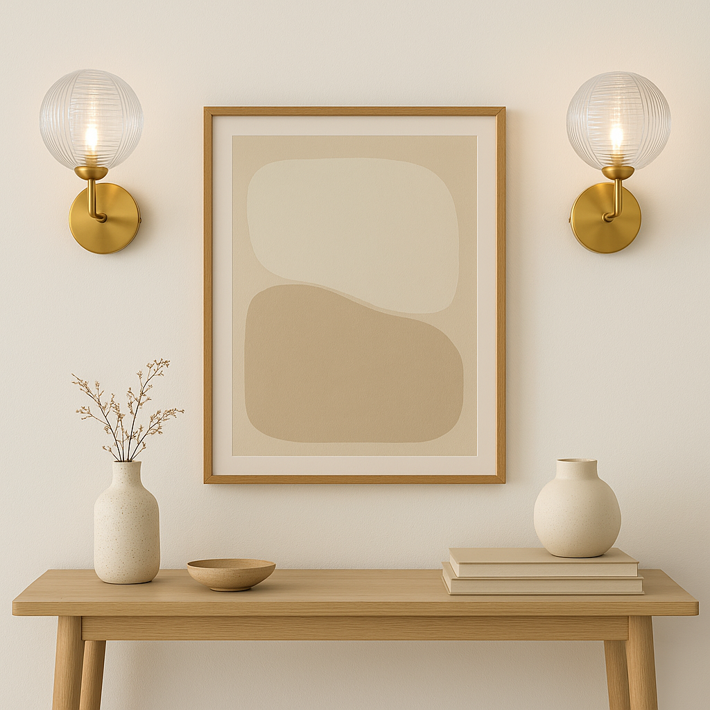 Two Albany gold wall lights with artwork