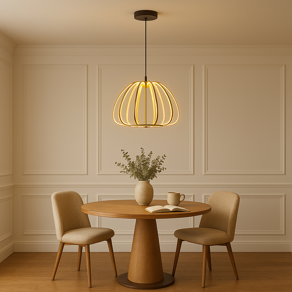 Alice LED pendant light, 45cm wide, suspended from ceiling above a round wooden dining table with beige chairs and white panelled walls in a luxury lifestyle setting.
