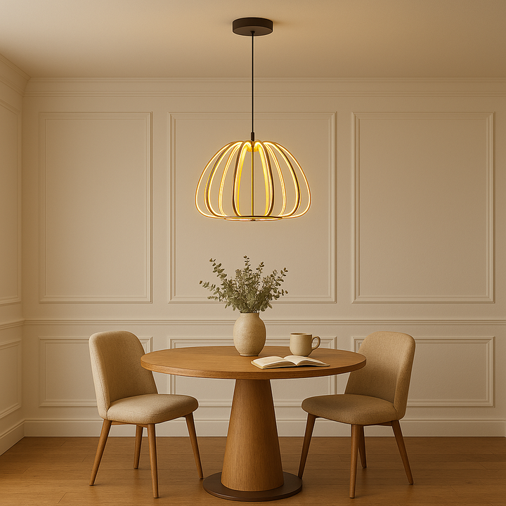 Alice LED pendant light, 45cm wide, suspended from ceiling above a round wooden dining table with beige chairs and white panelled walls in a luxury lifestyle setting.