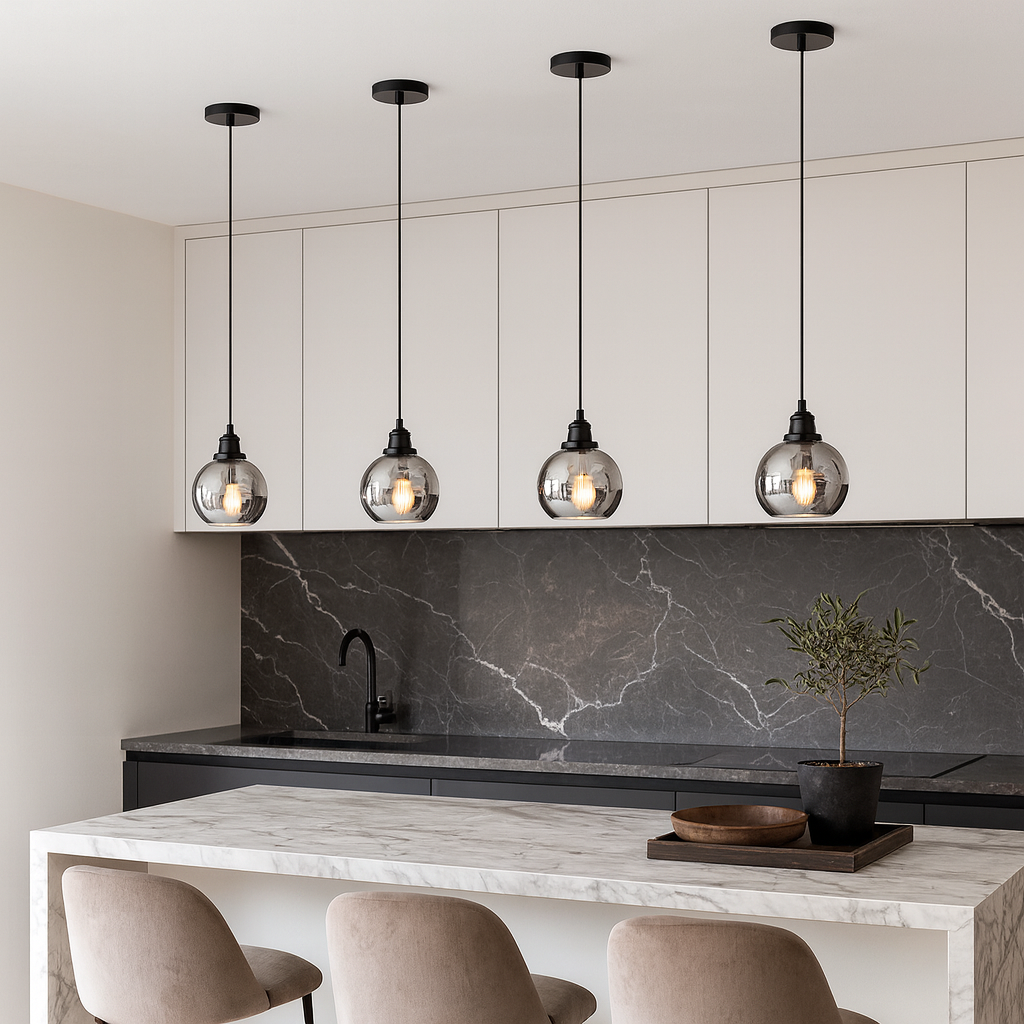 four 20cm smoked glass pendants over luxury kitchen island