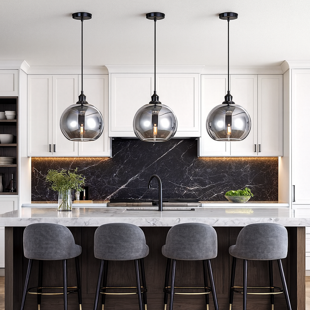 smoked glass pendants in white kitchen with marble backsplash