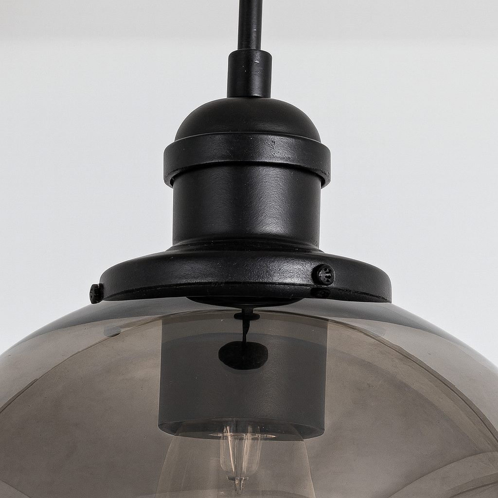 close-up smoked glass pendant top detail with screws