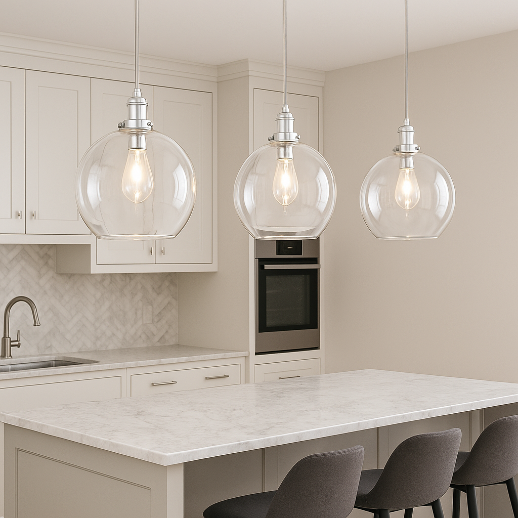 almeida clear glass chrome pendants angled kitchen view