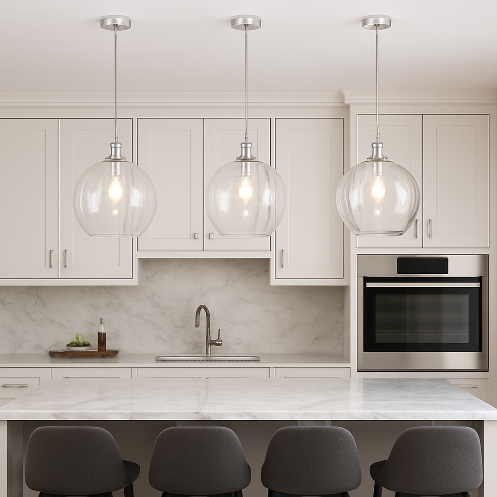 almeida clear glass chrome pendants over kitchen island