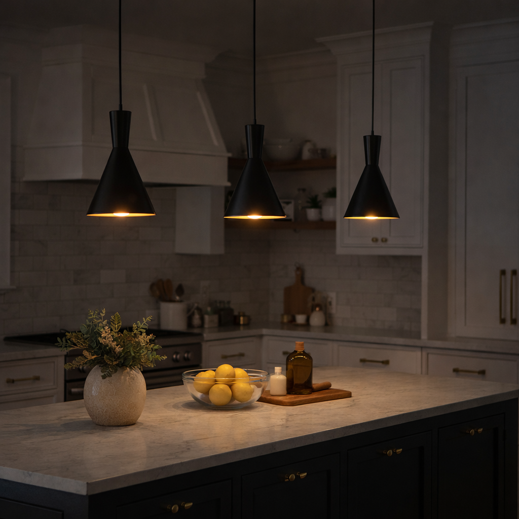 Three matt black kitchen island pendants with warm gold glow