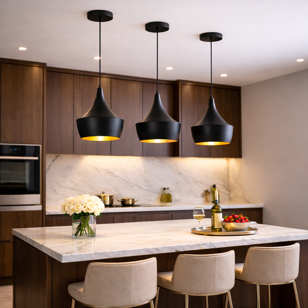 Angled black kitchen pendant lights over marble island